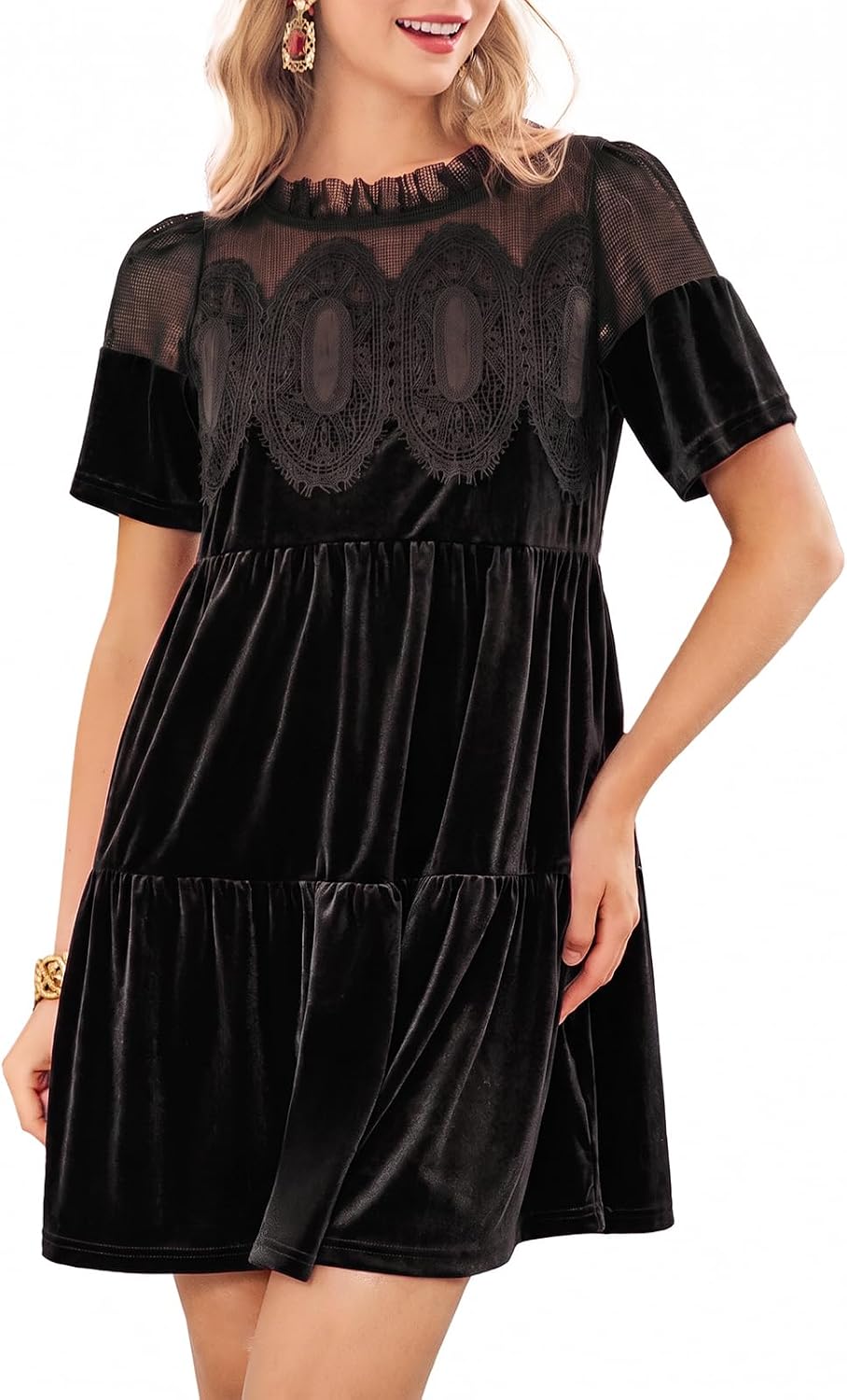 Wenrine Womens Velvet Dress Fall Lace Short Sleeve Babydoll Mini Dresses