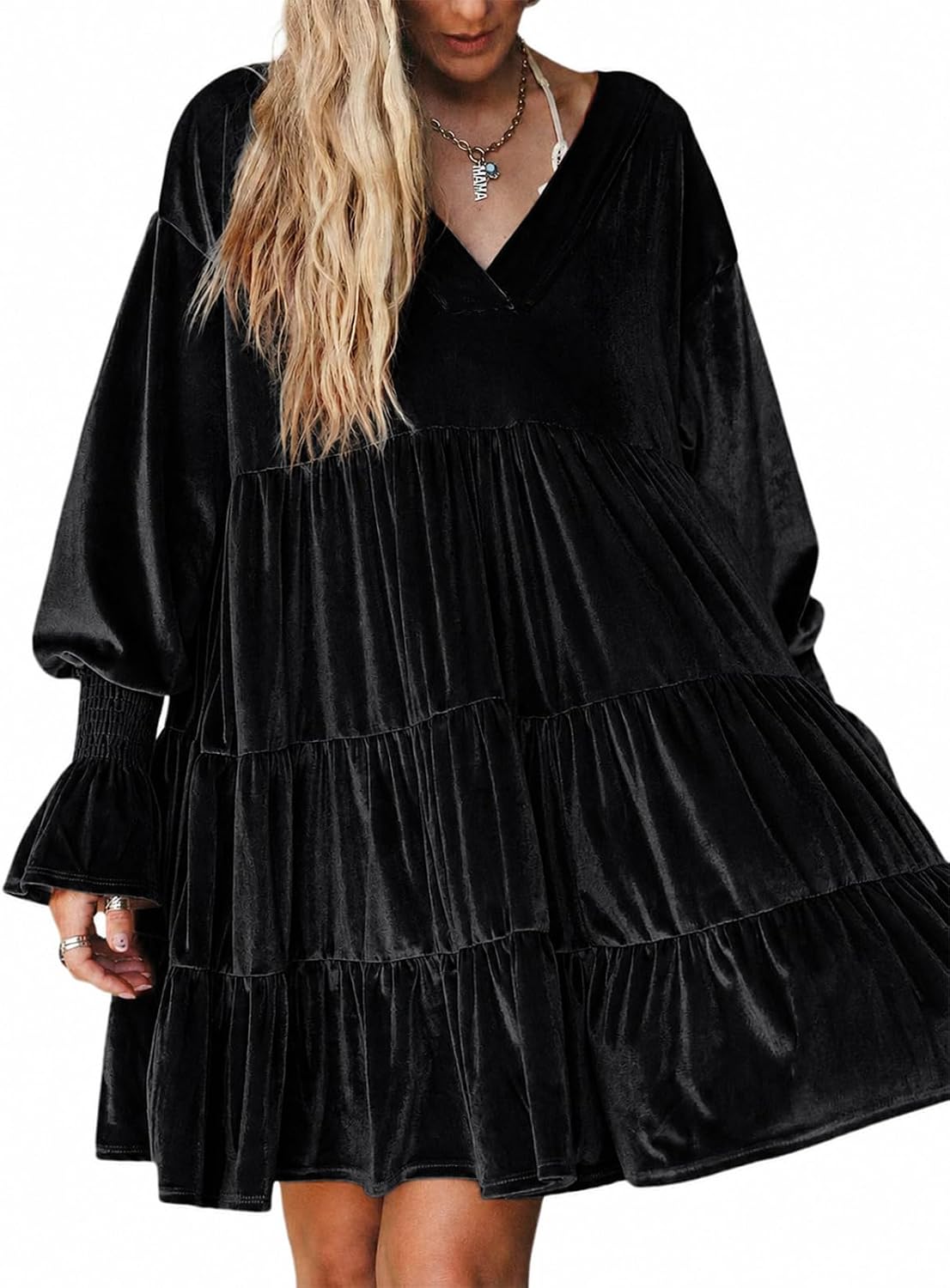 Fisoew Womens Velvet Tunic Dress Long Puff Sleeve Tiered Ruffle Dresses