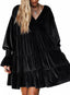 Fisoew Womens Velvet Tunic Dress Long Puff Sleeve Tiered Ruffle Dresses