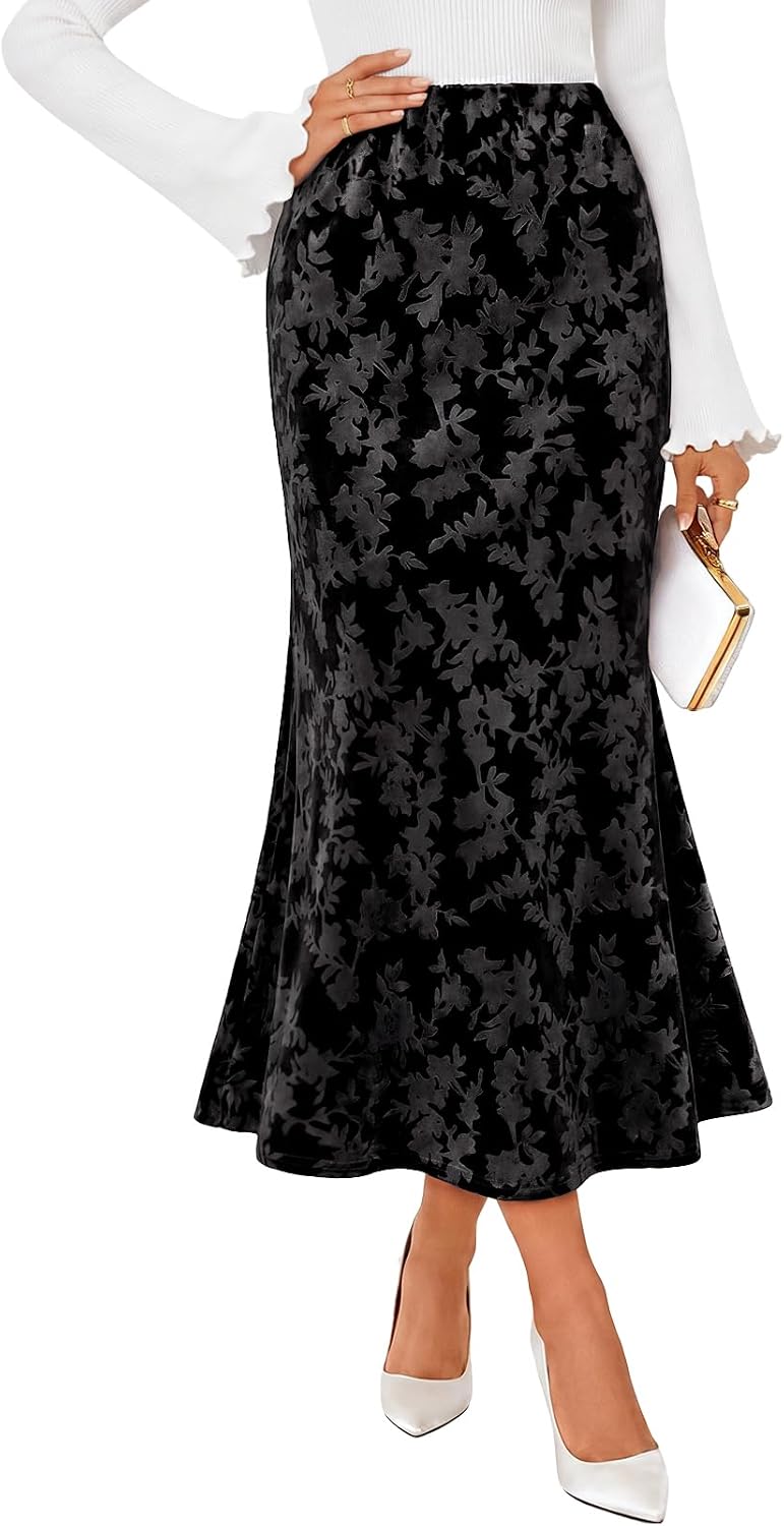 MEROKEETY Women's Fall Floral Velvet Maxi Skirt
