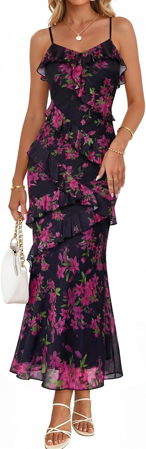 MEROKEETY Summer Floral Wedding Guest Maxi Dress Women 2026 Formal Cocktail