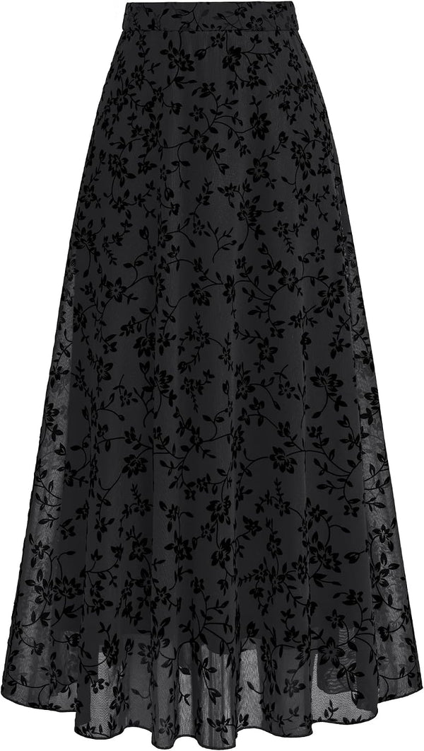 BTFBM Womens Floral Mesh Maxi Skirts Long Tulle Skirt
