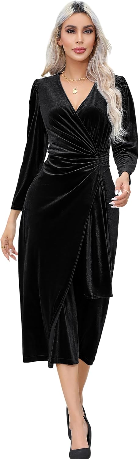R.Vivimos Women's Velvet Wrap Fall Winter Elegant Midi Dress