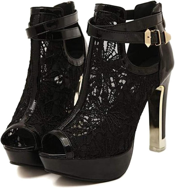 Women's Pretty Lace Flowers Open Toes High Heels Ankle Boots