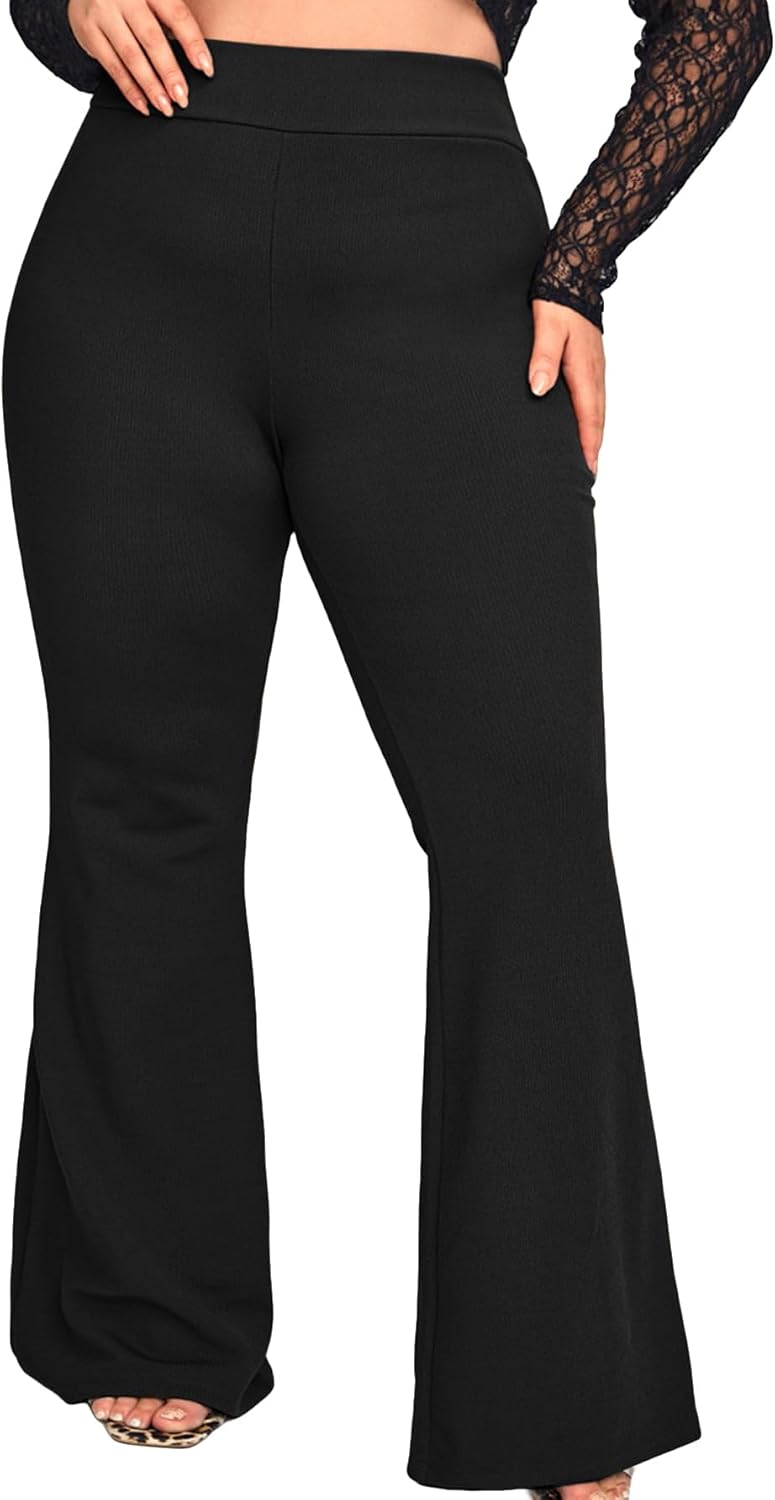 Wdirara Women's Plus Size Elastic High Waist Flare Bell Bottom Ribbed
