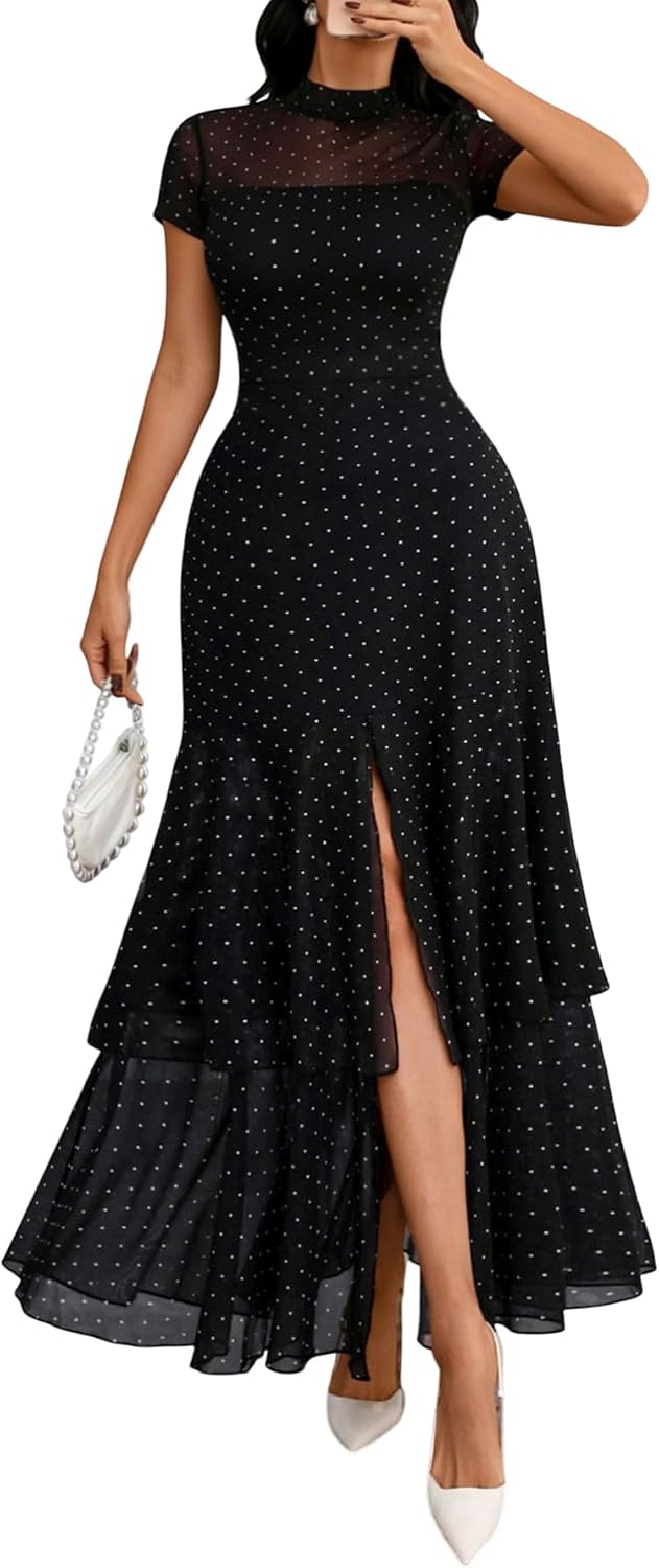 GothDark Women's Summer Mesh Ruffle Polka Dot Party Wedding Guest Dresses