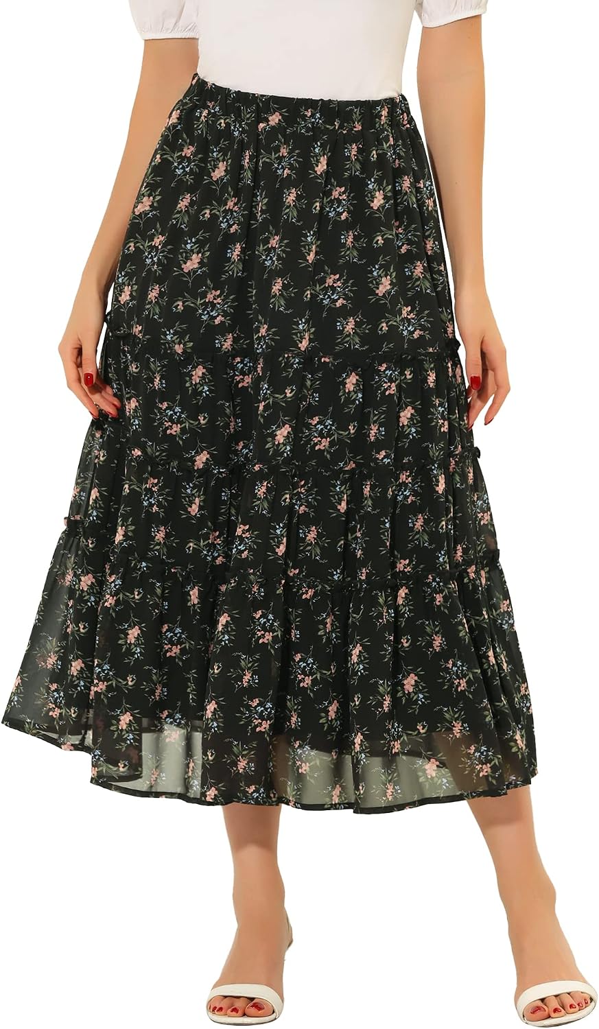 Allegra K Women's Floral Skirt Chiffon A-line Long Tiered Ruffle Maxi Skirt