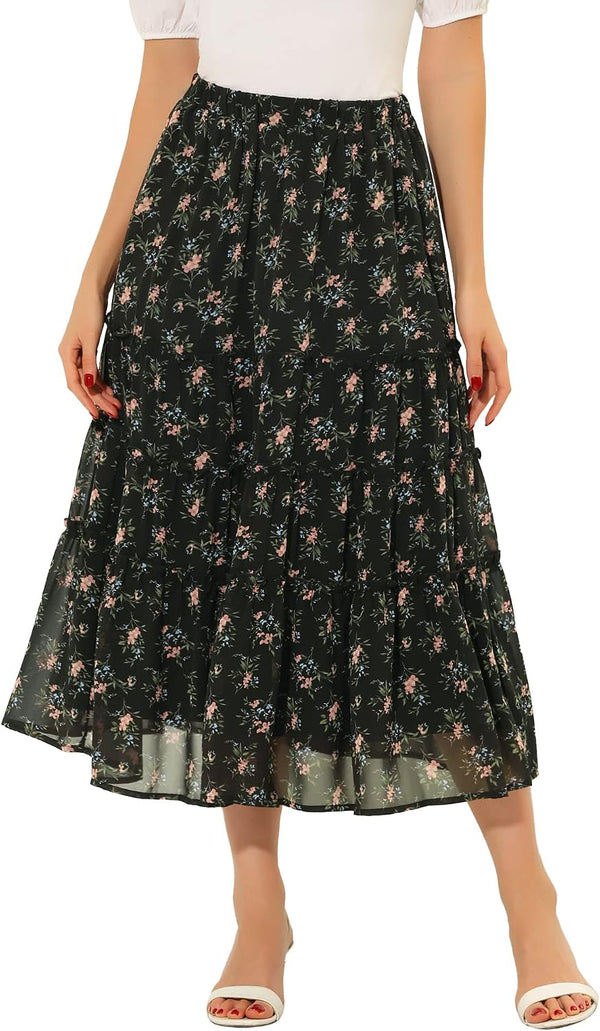 Allegra K Women's Floral Skirt Chiffon A-line Long Tiered Ruffle Maxi Skirt