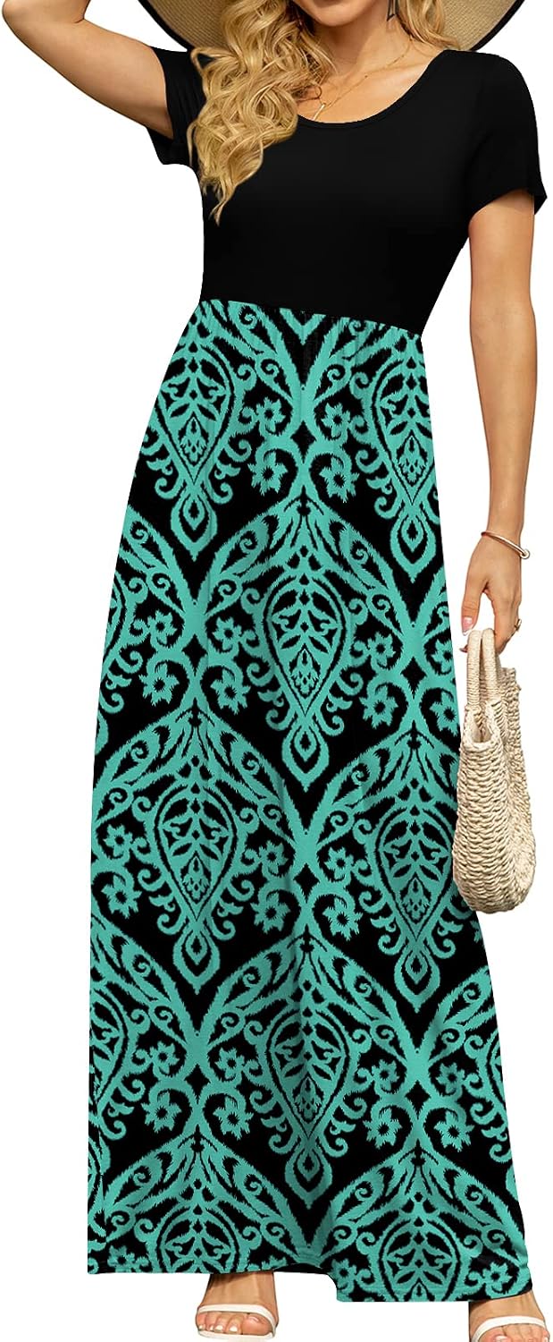 DB MOON Women's Summer Maxi Dress Casual Short Sleeve Empire Waist Pockets