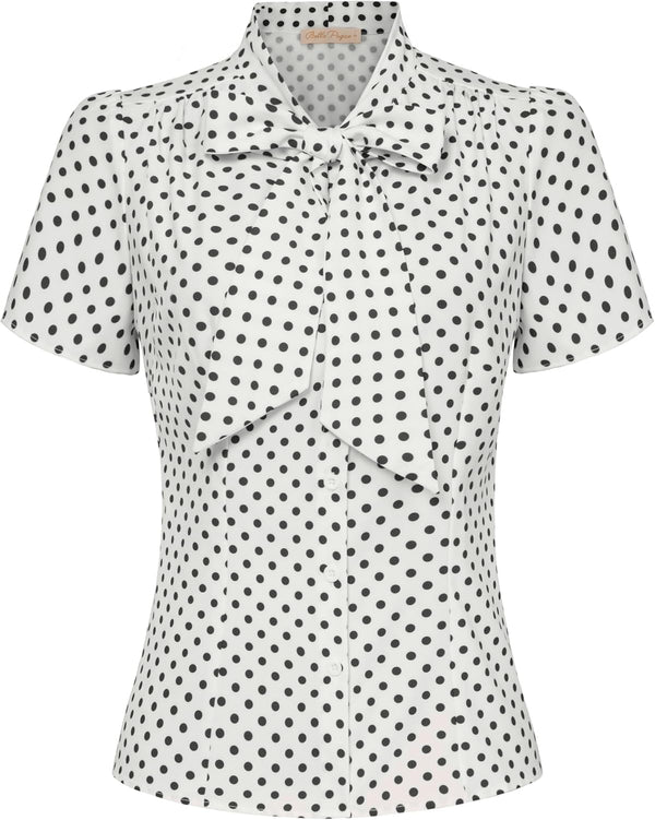 Belle Poque Women Dressy Casual Top Bow Tie Button Down Short Sleeve Blouse