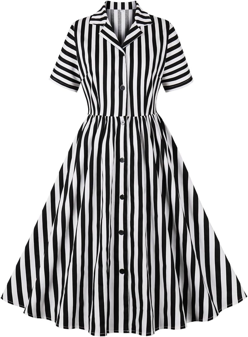 1950s Dresses for Women Vintage Rockabilly Retro Short Sleeve Tie Midi Dress Cocktail Party Evening Prom Gown
