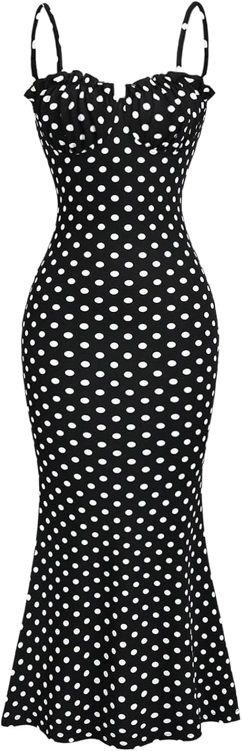 Milumia Women's Polka Dots Frill Trim Cami Dress Fishtail Maxi Dresses