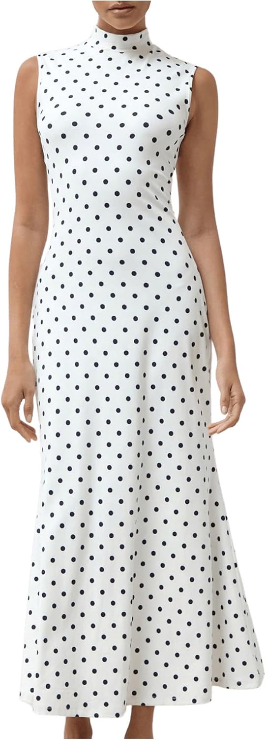 Milumia Women's Polka Dots Maxi Tank Dress Vintage Mock Neck Long Dresses