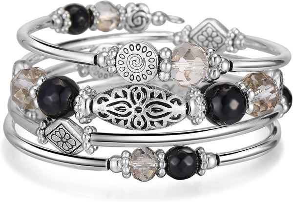 Stackable Beaded Bracelets for Women Boho Wrap Silver Bracelet Layered Fashion Jewelry Gifts for Her