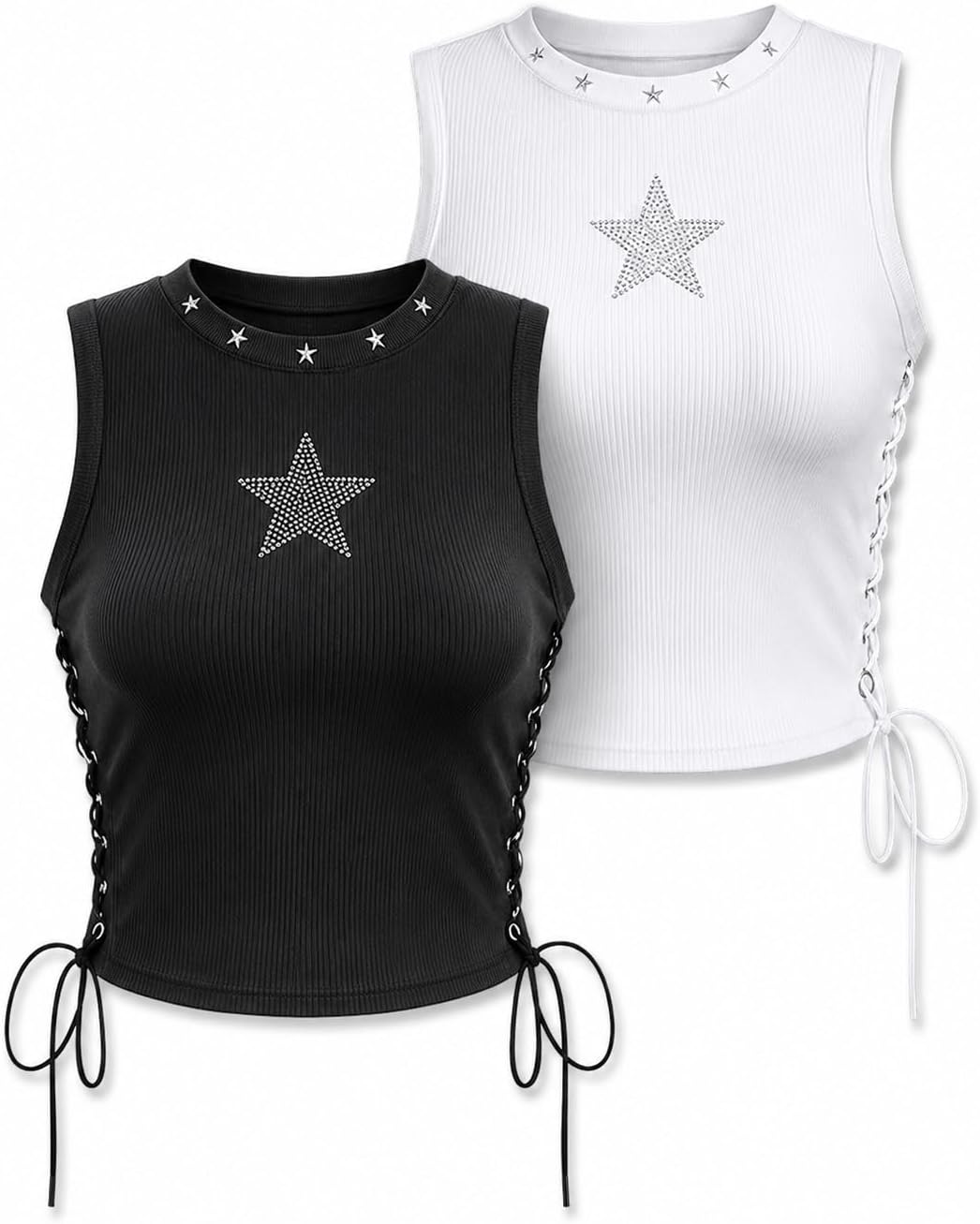 Womens Y2K Gothic Tops Star Sparkly Rhinestone Fitted Crop Tops