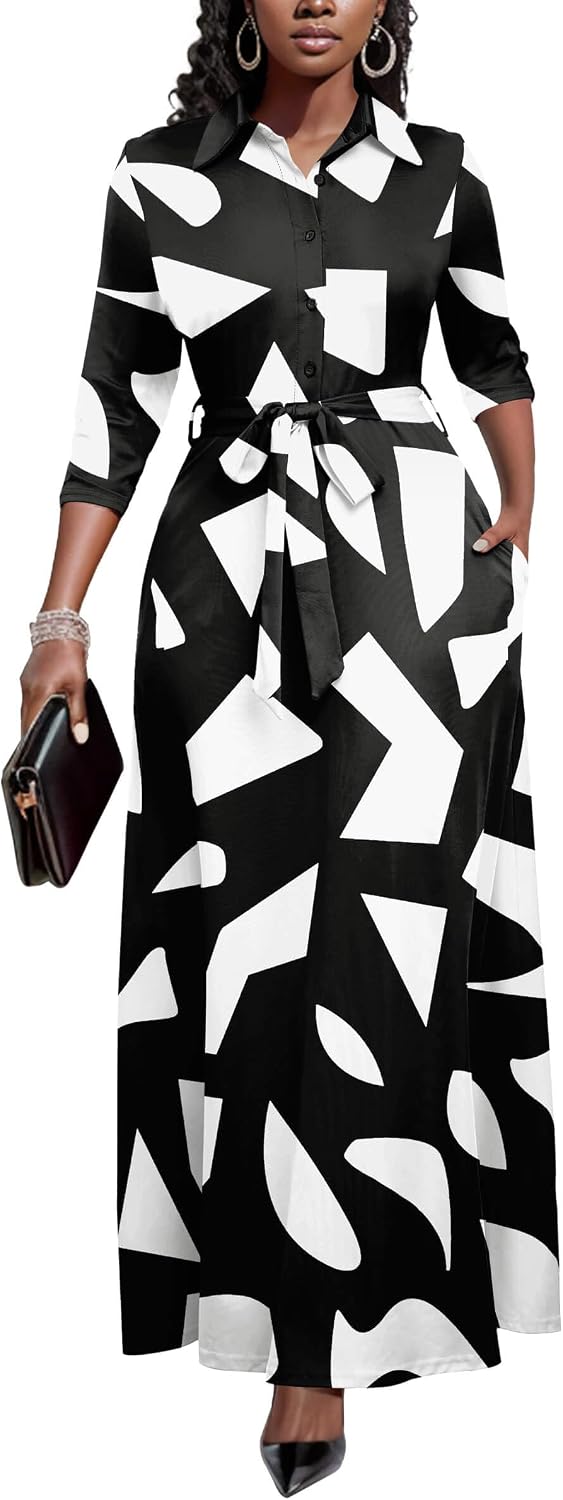 Runwind Womens Maxi Dress 3/4 Sleeve Button Down Church Dress with Pockets