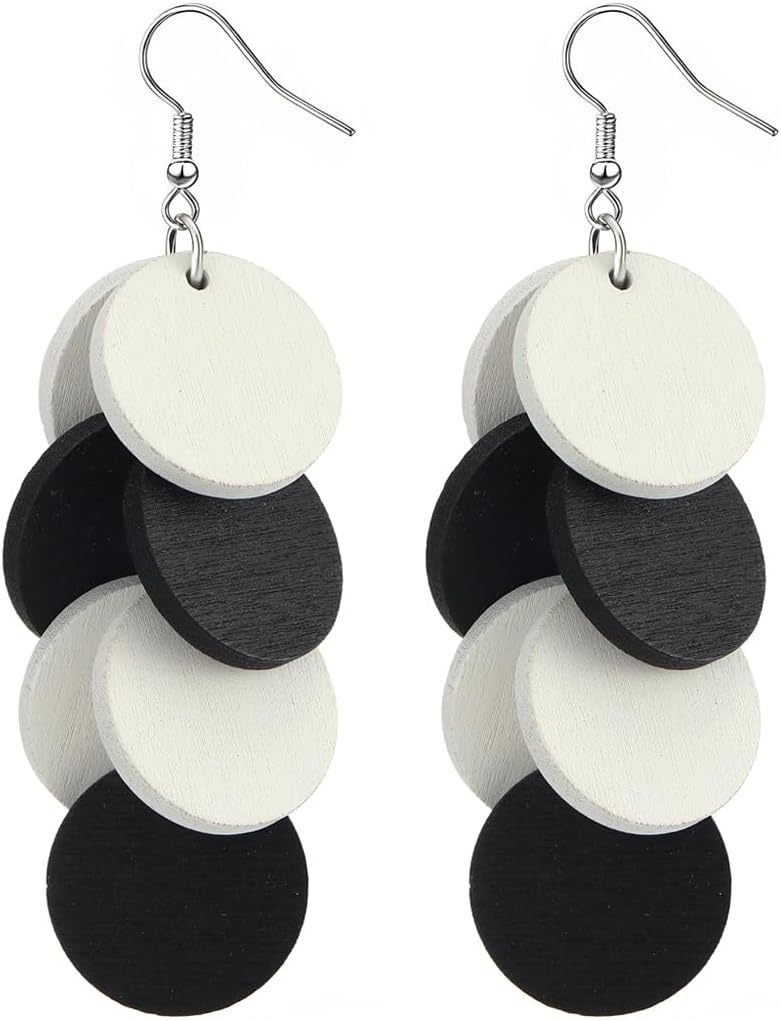 Bohemian Wooden Layered Disc Dangle Earrings, Boho Style Round Drop Earrings for Women, Lightweight Statement Jewelry for Daily Wear & Party