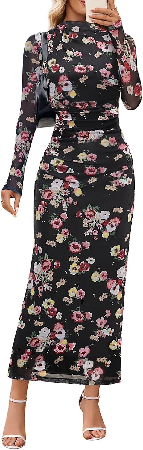 MEROKEETY Womens Fall Long Sleeve Floral Wedding Guest Maxi Dress