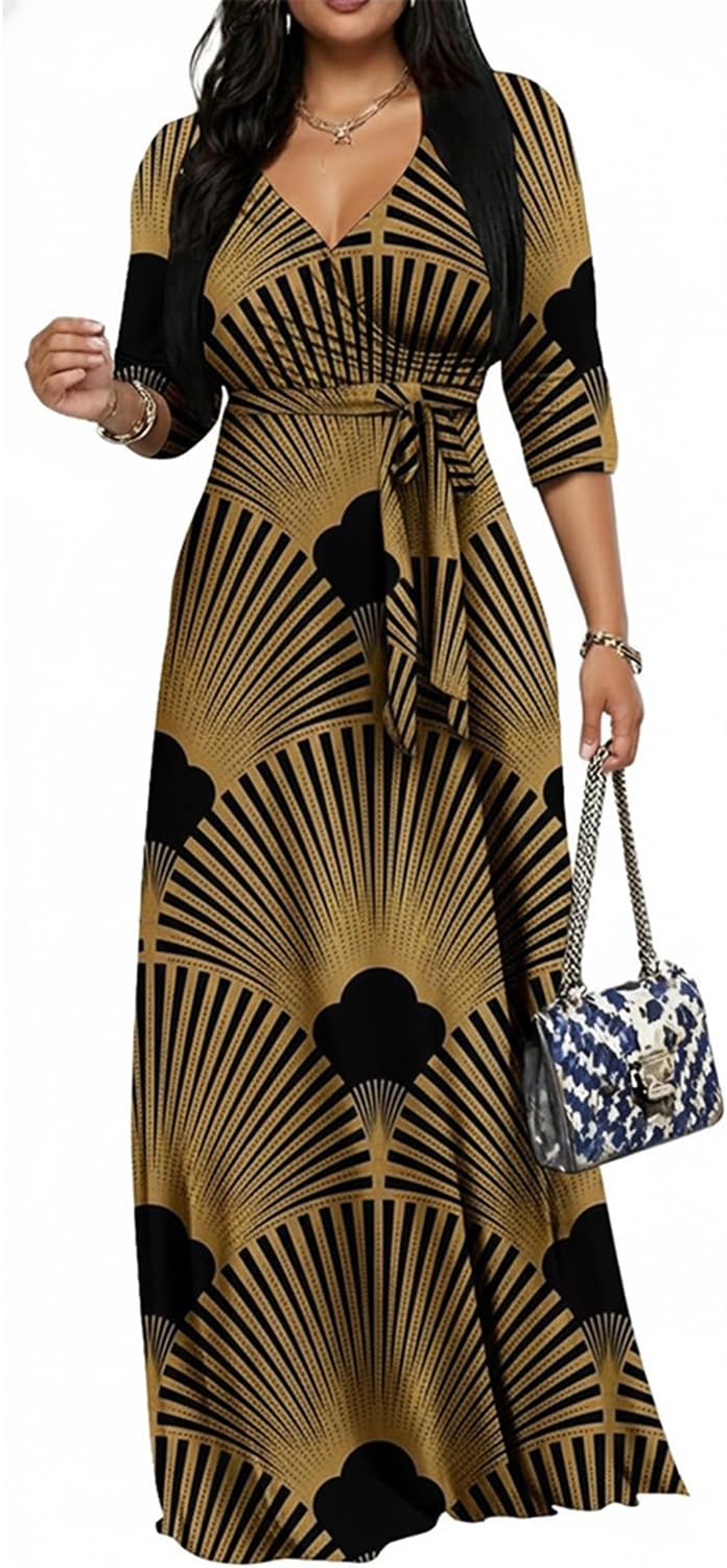 CaniBtr Maxi Dresses for Women Plus Size 3/4 Sleeve Long Dress with Belt