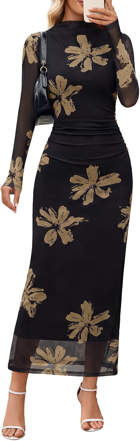 MEROKEETY Womens Fall Long Sleeve Floral Wedding Guest Maxi Dress