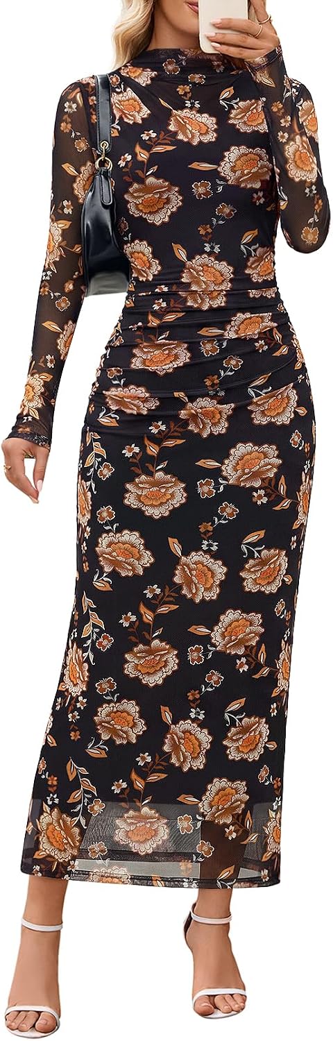MEROKEETY Womens Fall Long Sleeve Floral Wedding Guest Maxi Dress