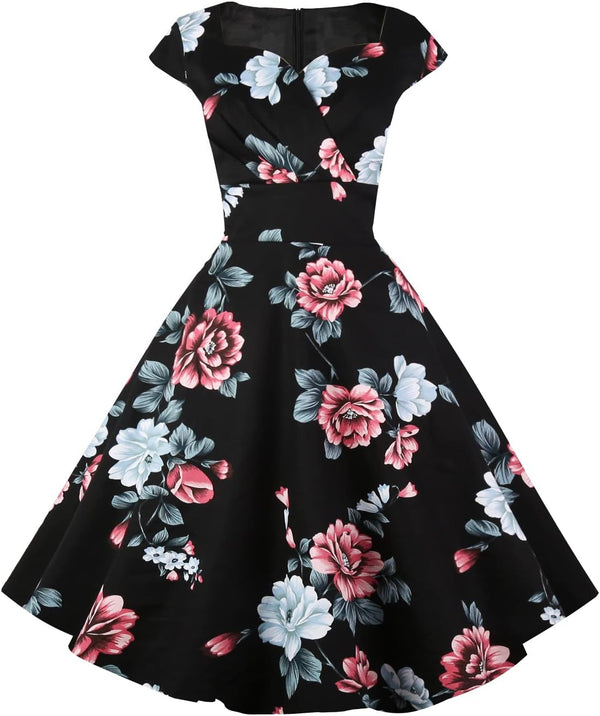 Women's Cap Sleeve 1950s Retro Vintage Cocktail Swing Dresses with Pocket