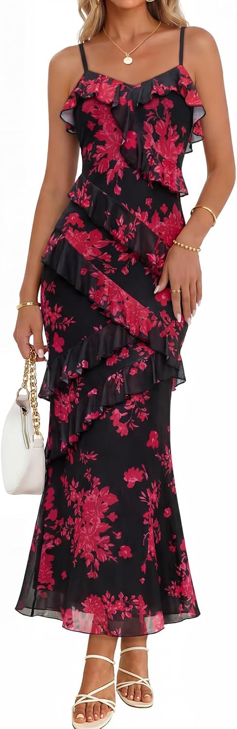 MEROKEETY Summer Floral Wedding Guest Maxi Dress Women 2026 Formal Cocktail