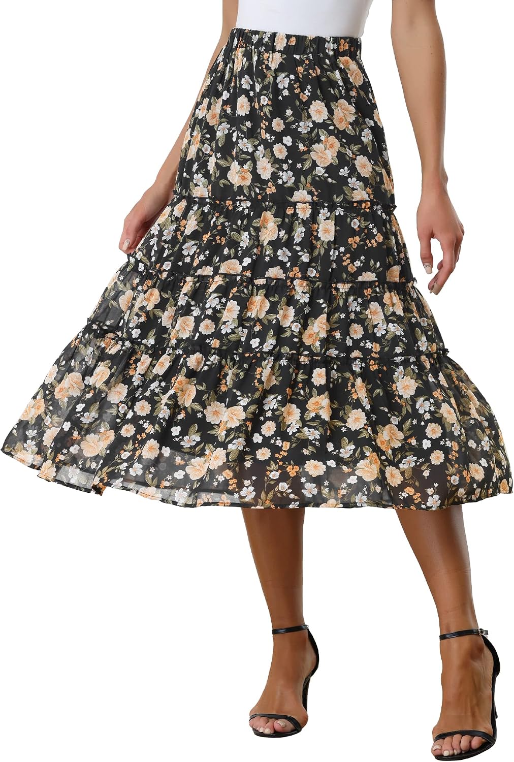 Allegra K Women's Floral Skirt Chiffon A-line Long Tiered Ruffle Maxi Skirt
