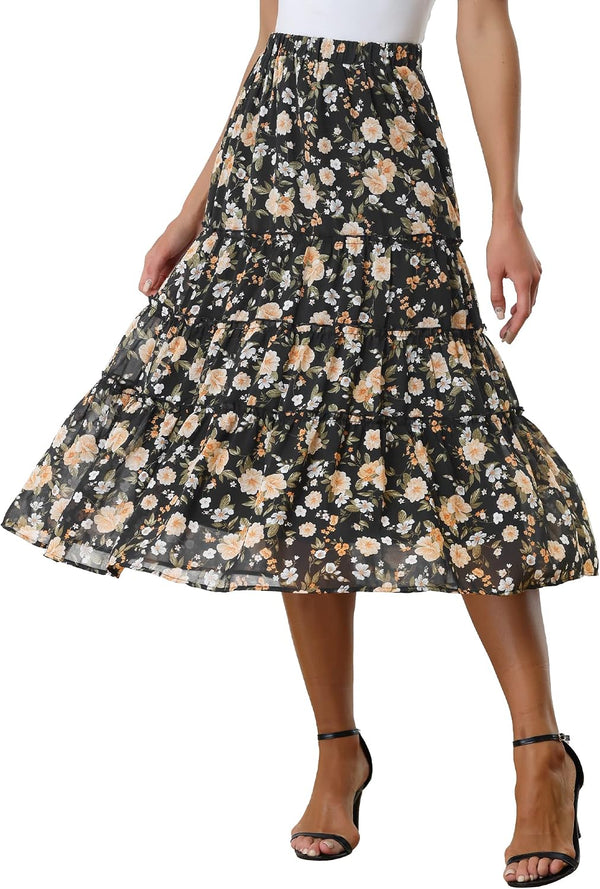 Allegra K Women's Floral Skirt Chiffon A-line Long Tiered Ruffle Maxi Skirt
