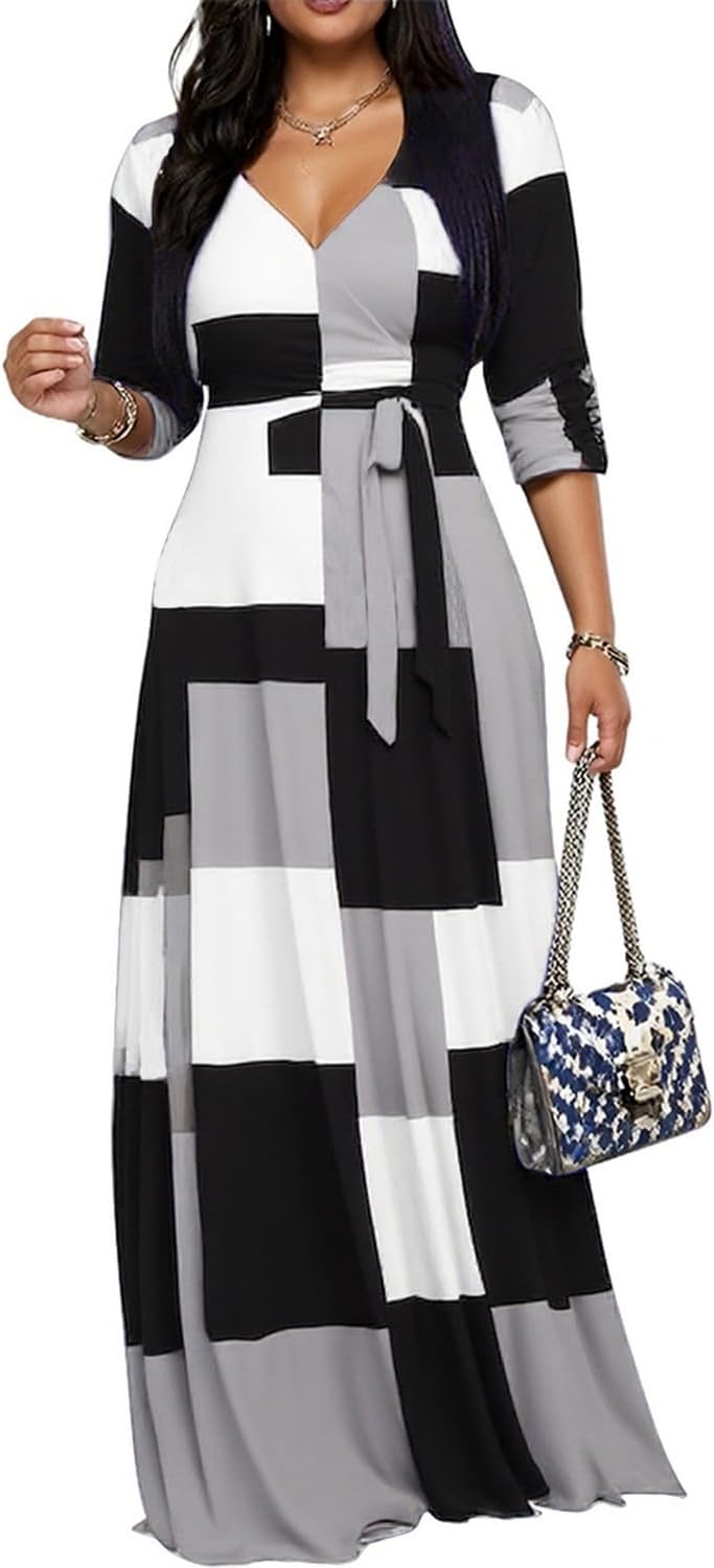 CaniBtr Maxi Dresses for Women Plus Size 3/4 Sleeve Long Dress with Belt