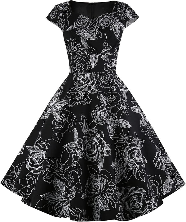 Women's Cap Sleeve 1950s Retro Vintage Cocktail Swing Dresses with Pocket
