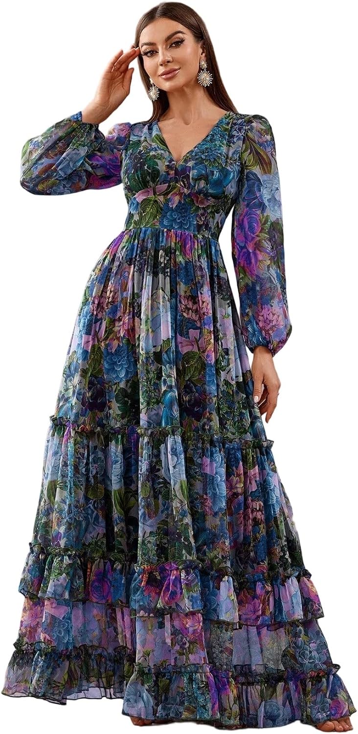 Womens Summer Dresses,Floral Patterns Vintage Elegant Cocktail Long Sleeve Boho Casual Maxi Wedding Guest Dresses for Women