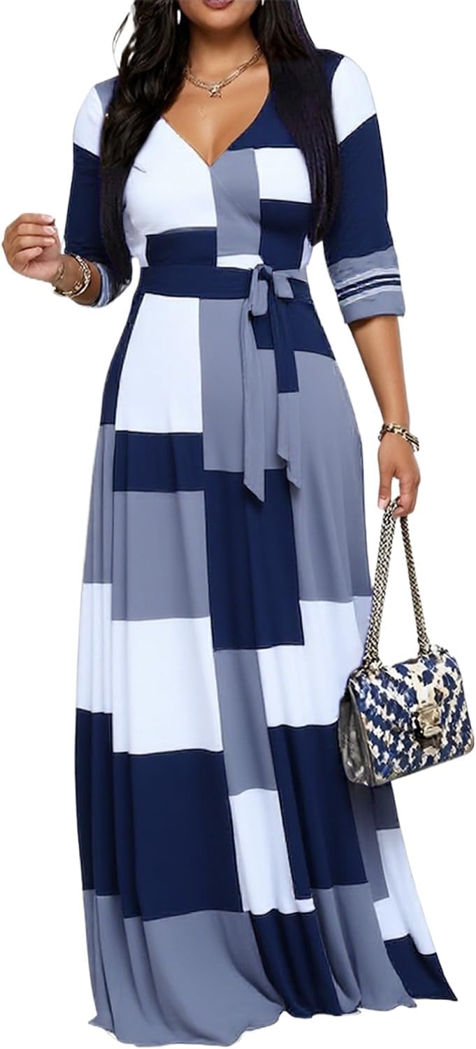 CaniBtr Maxi Dresses for Women Plus Size 3/4 Sleeve Long Dress with Belt