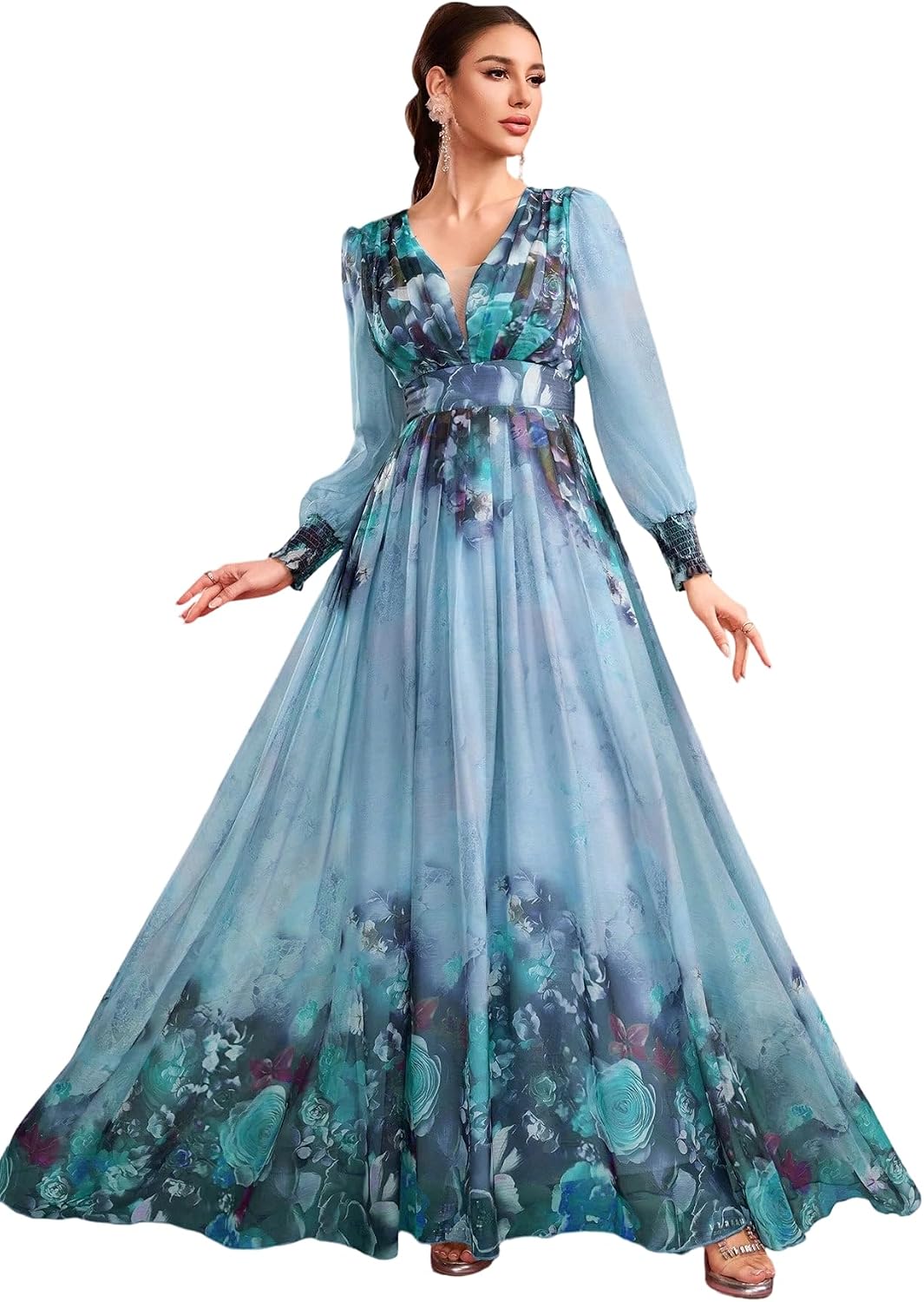 Womens Summer Dresses,Floral Patterns Vintage Elegant Cocktail Long Sleeve Boho Casual Maxi Wedding Guest Dresses for Women