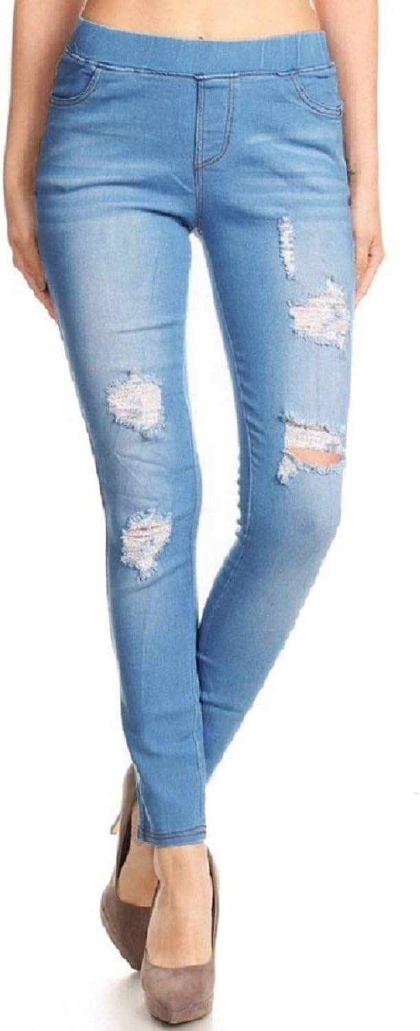Women’s Stretch Denim Pull On Jeans With Pockets – Ripped