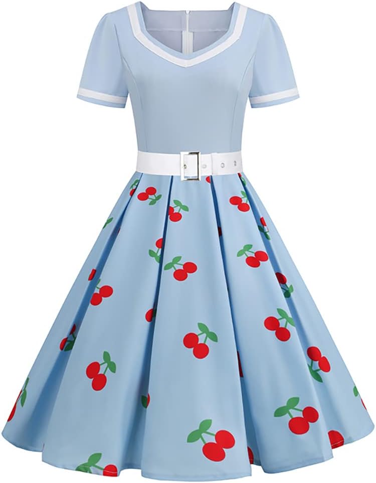 Women Vintage 1950s Dress 50s Polka Dot Rockabilly A-Line Swing Tea Party Prom Retro Cocktail Party Swing Dresses with Belt
