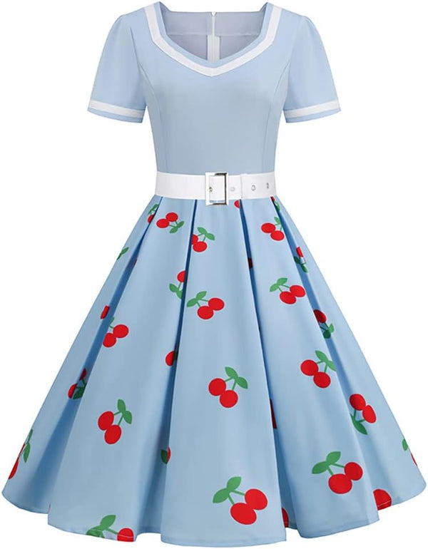Women Vintage 1950s Dress 50s Polka Dot Rockabilly A-Line Swing Tea Party Prom Retro Cocktail Party Swing Dresses with Belt