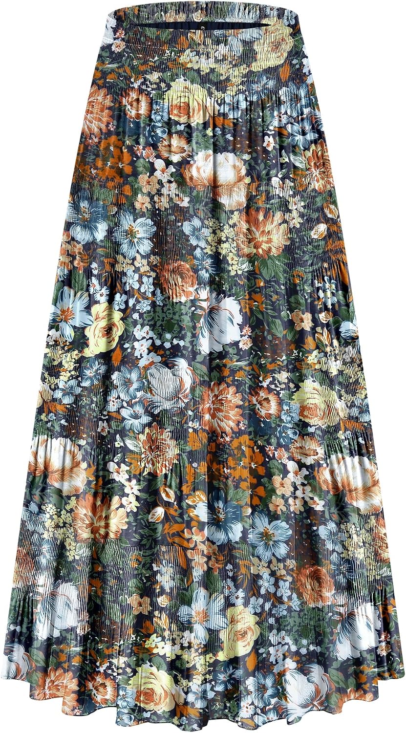 CYiNu Women's Chiffon Elastic High Waist Tiered Pleated Floral Printed A-Line Boho Long Maxi Skirts
