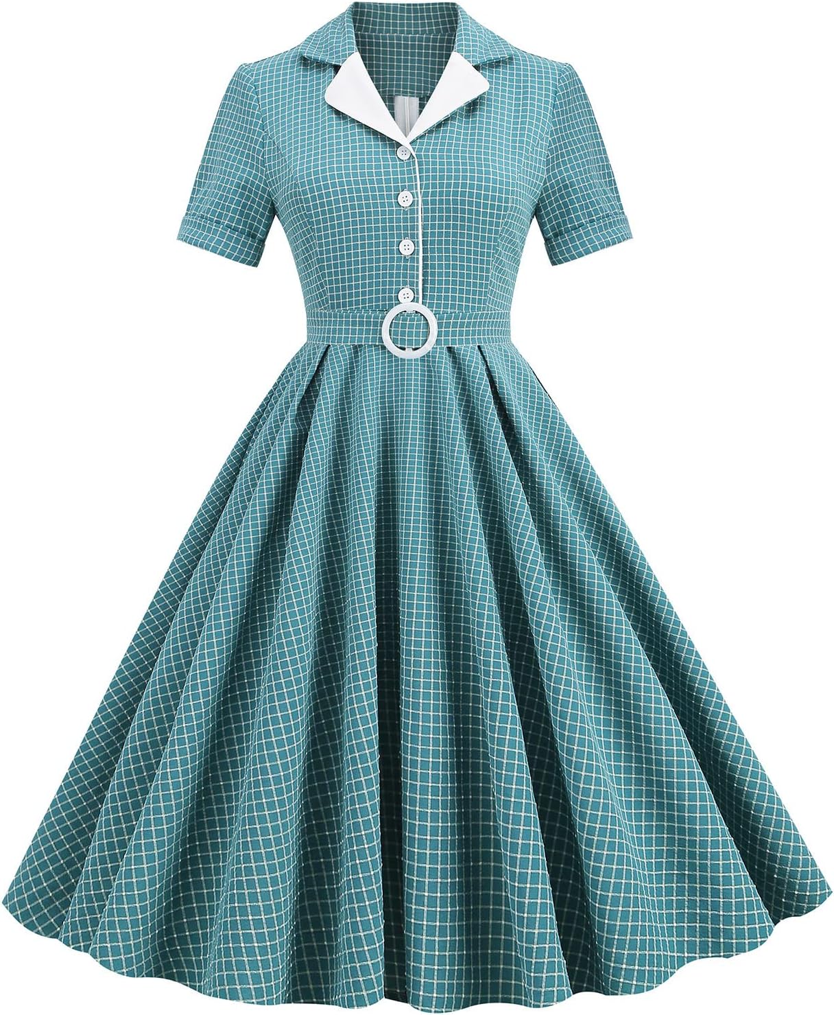 Women 1950s Vintage Short Sleeve Peter Pan Collar Retro Swing A Line Midi Summer Dress Cocktail Party Evening Prom Gown