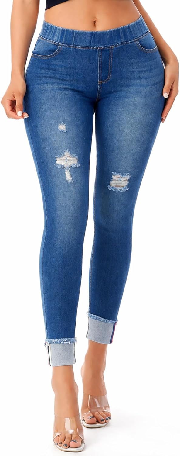 Women’s Stretch Denim Pull On Jeans With Pockets – Ripped