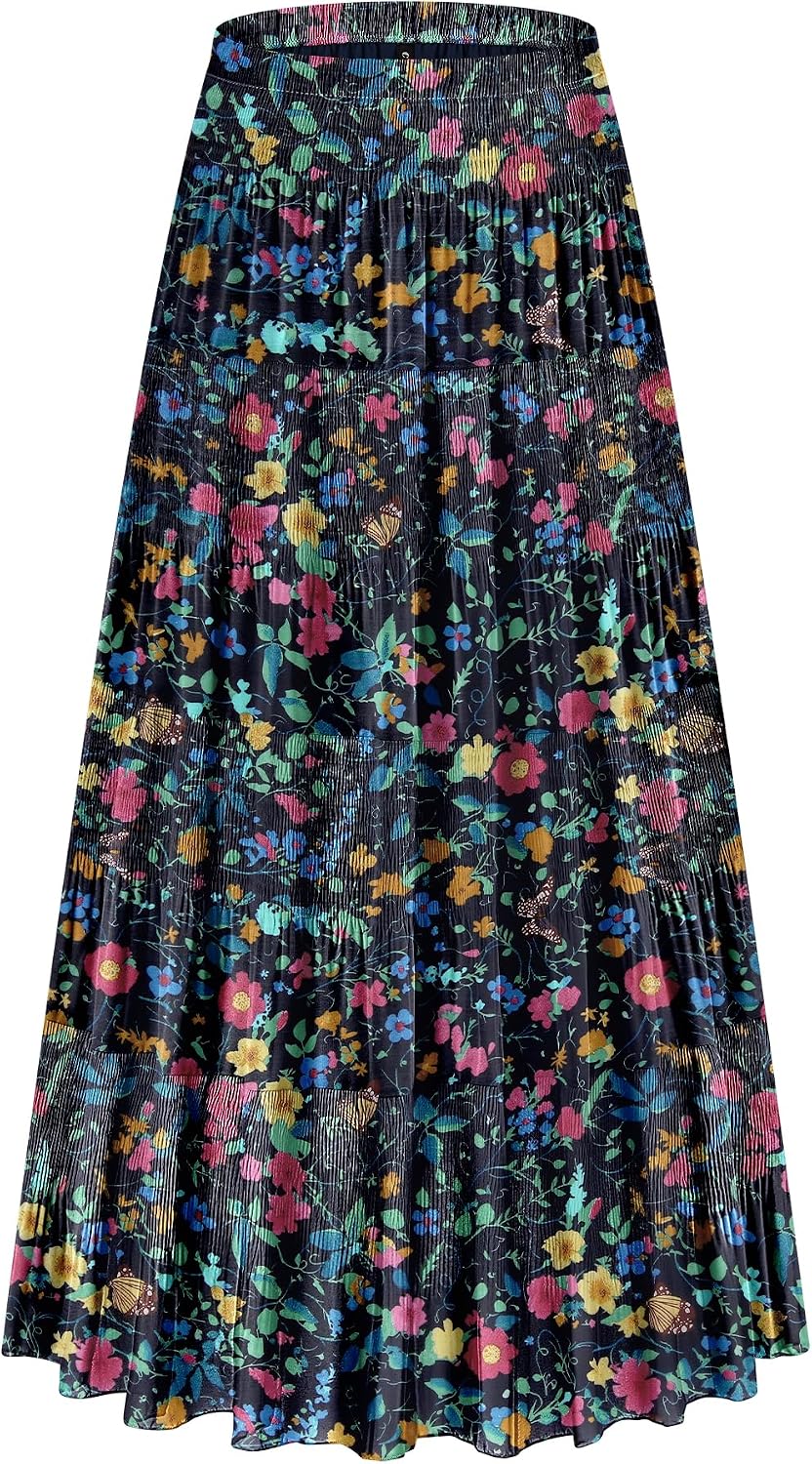 CYiNu Women's Chiffon Elastic High Waist Tiered Pleated Floral Printed A-Line Boho Long Maxi Skirts