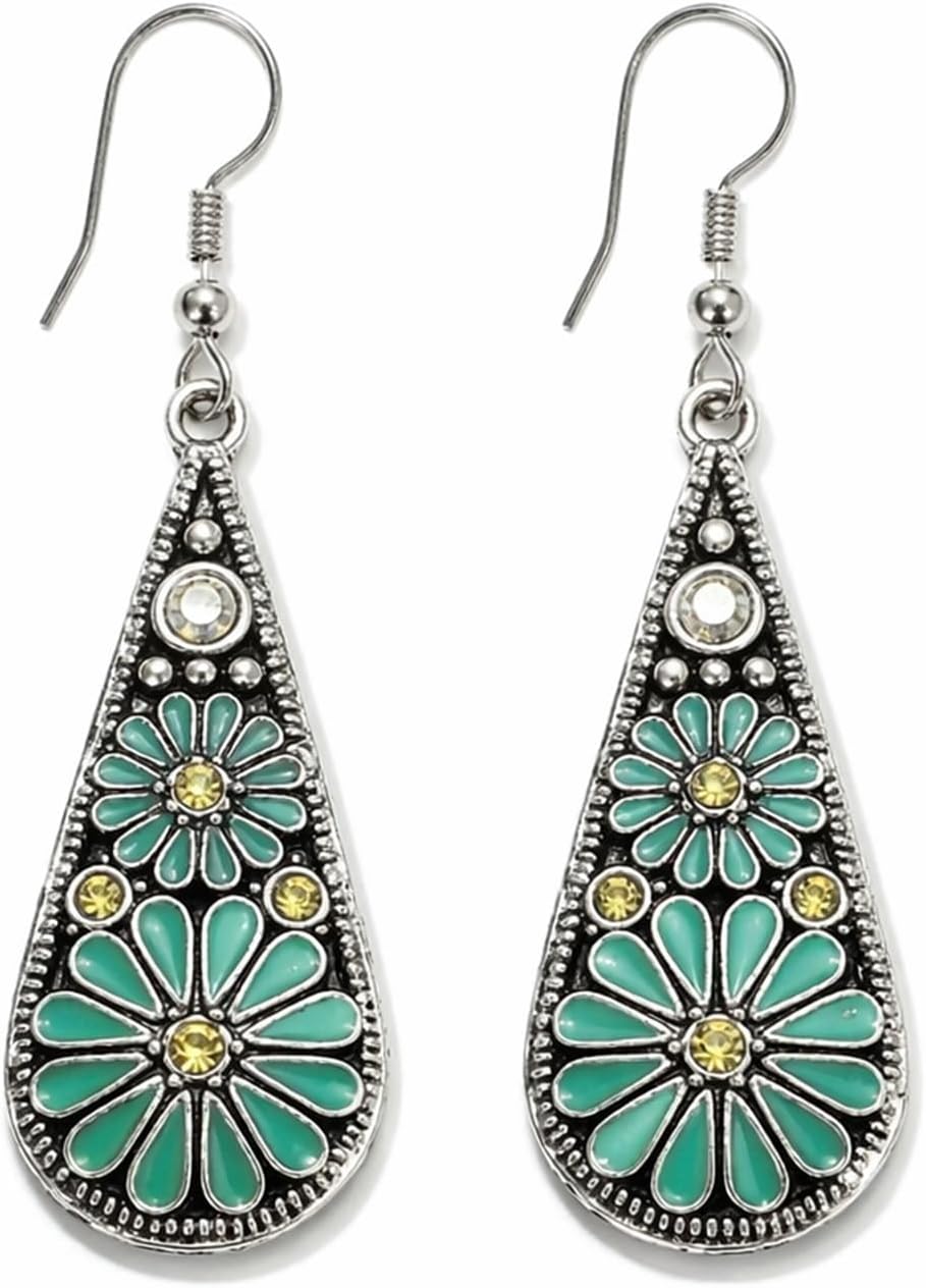 Bohemian Crystal Teardrop Pendant Earring,Vintage Olive Green Hollow Out Flower Floral Dangle Earrings,National Style Geometry Enamel Flower Hook