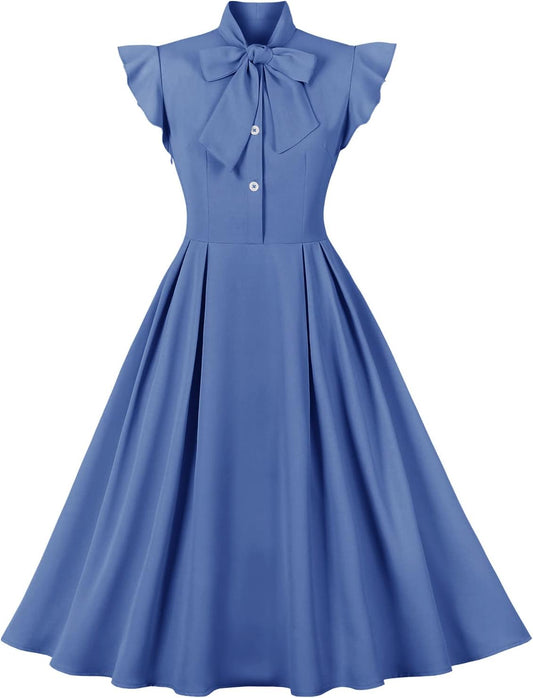 1950s Dresses for Women Vintage Rockabilly Retro Short Sleeve Tie Midi Dress Cocktail Party Evening Prom Gown