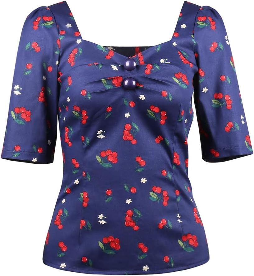 YARN & INK Women's 1950s Pinup Tops, Rockabilly Vintage Blouse Medium Sleeves Sweetheart V-Neck Shirt