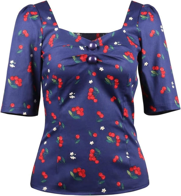 YARN & INK Women's 1950s Pinup Tops, Rockabilly Vintage Blouse Medium Sleeves Sweetheart V-Neck Shirt
