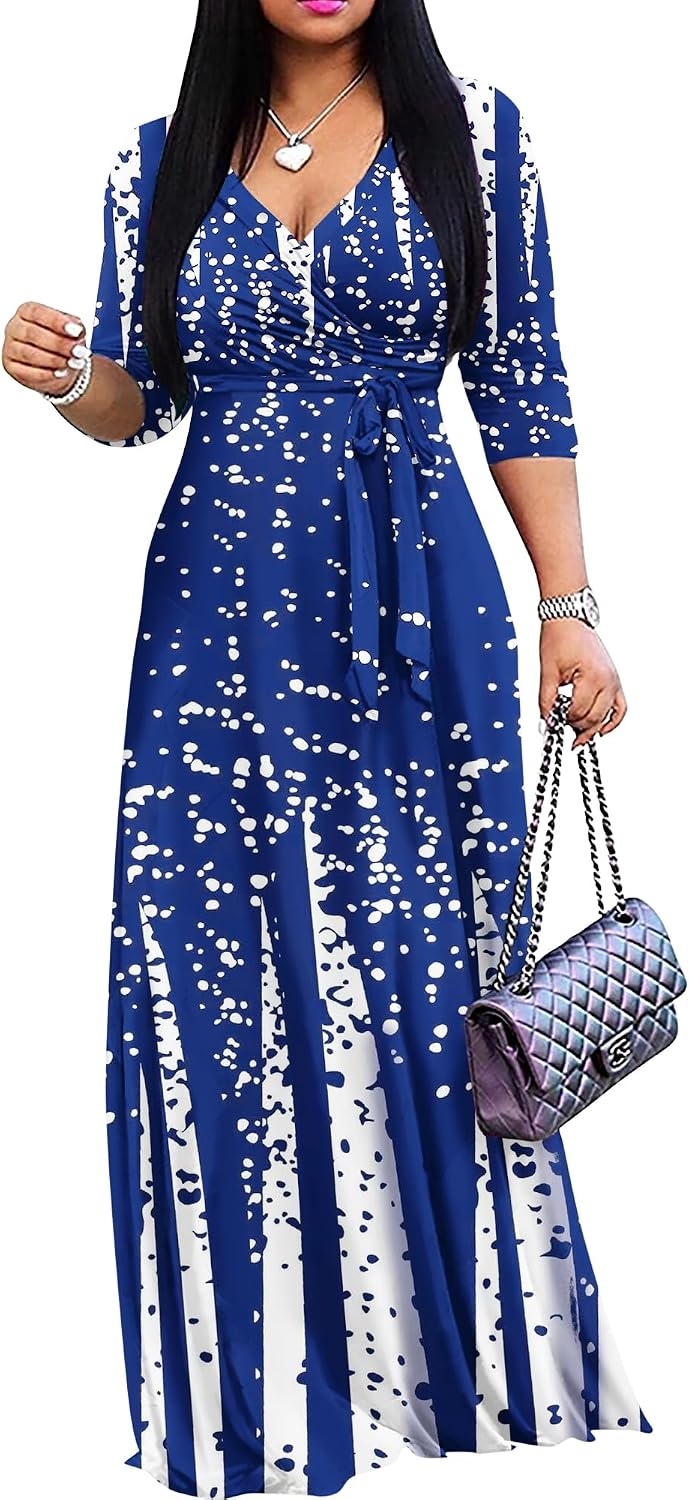 FANDEE Plus Size Maxi Dress for Women Casual Summer Sundress V-Neck 3/4 Sleeve