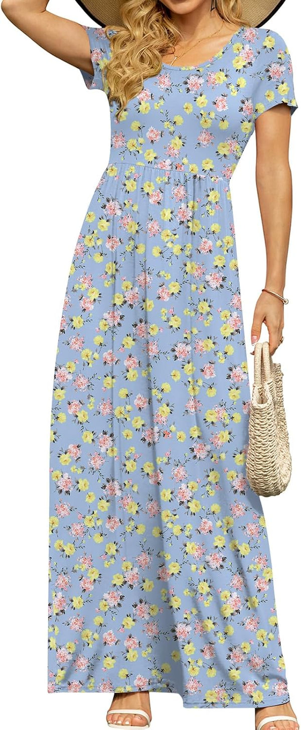 DB MOON Women's Summer Maxi Dress Casual Short Sleeve Empire Waist Pockets