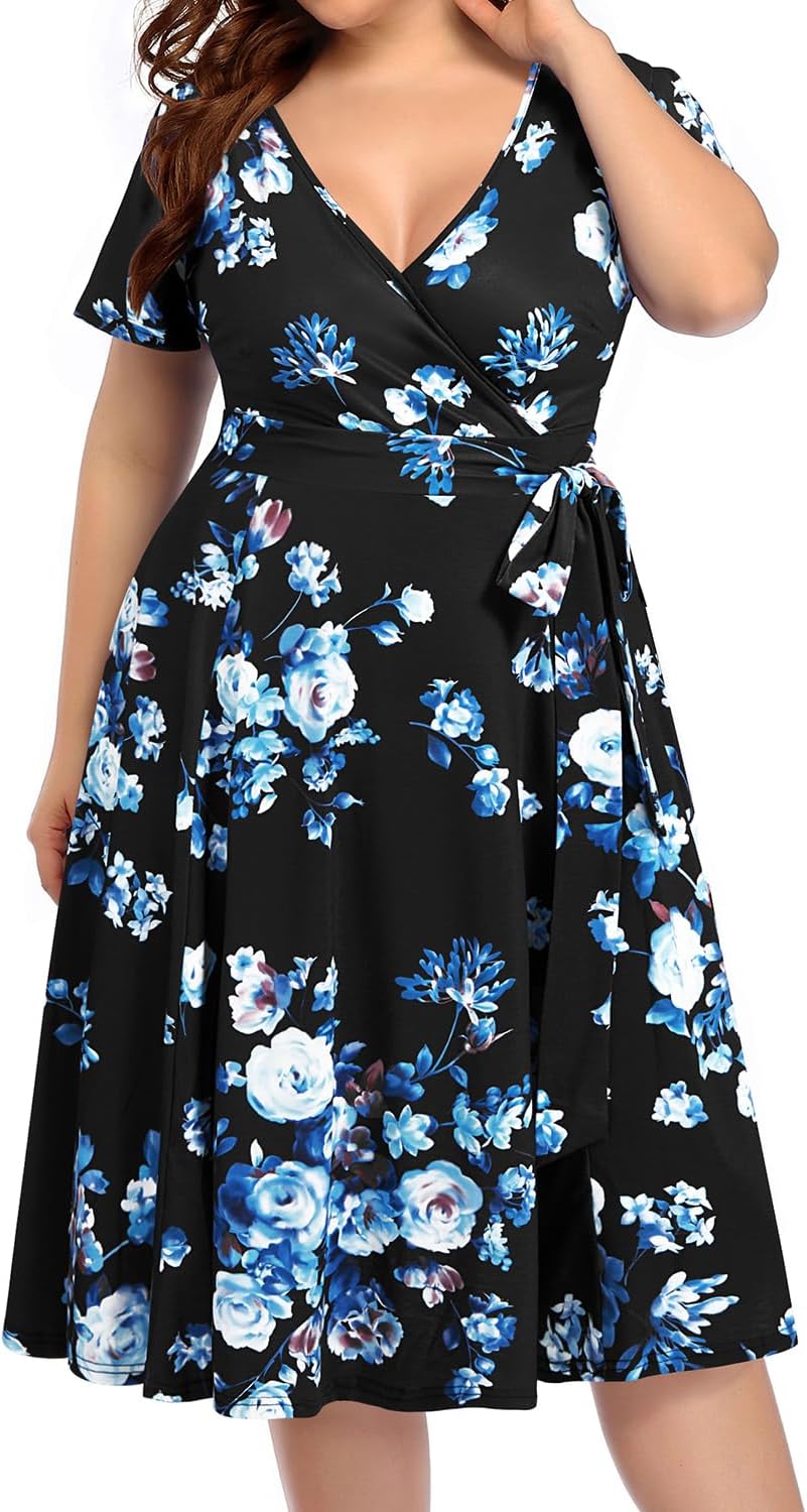 Pinup Fashion Plus Size Wedding Guest Semi Formal Cocktail Wrap Knee Dress | Knit, faux wrap v-neck, short ruffle sleeves, empire waist, removable belt, knee-length, wedding guest, semi formal, easter