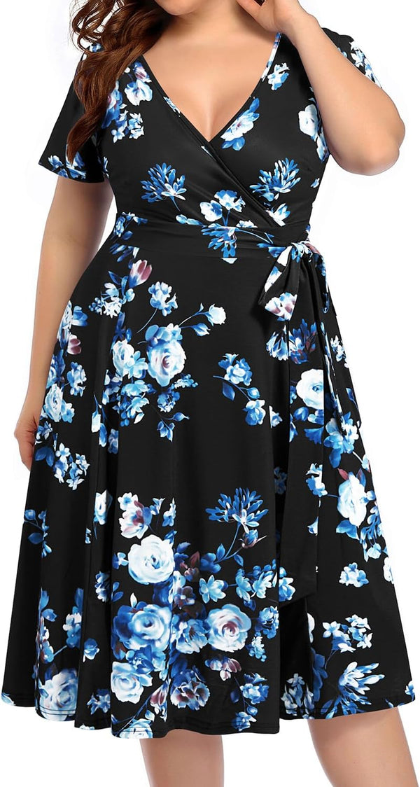Pinup Fashion Plus Size Wedding Guest Semi Formal Cocktail Wrap Knee Dress | Knit, faux wrap v-neck, short ruffle sleeves, empire waist, removable belt, knee-length, wedding guest, semi formal, easter