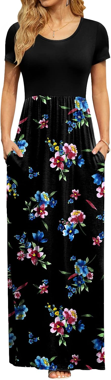 DB MOON Women's Summer Maxi Dress Casual Short Sleeve Empire Waist Pockets